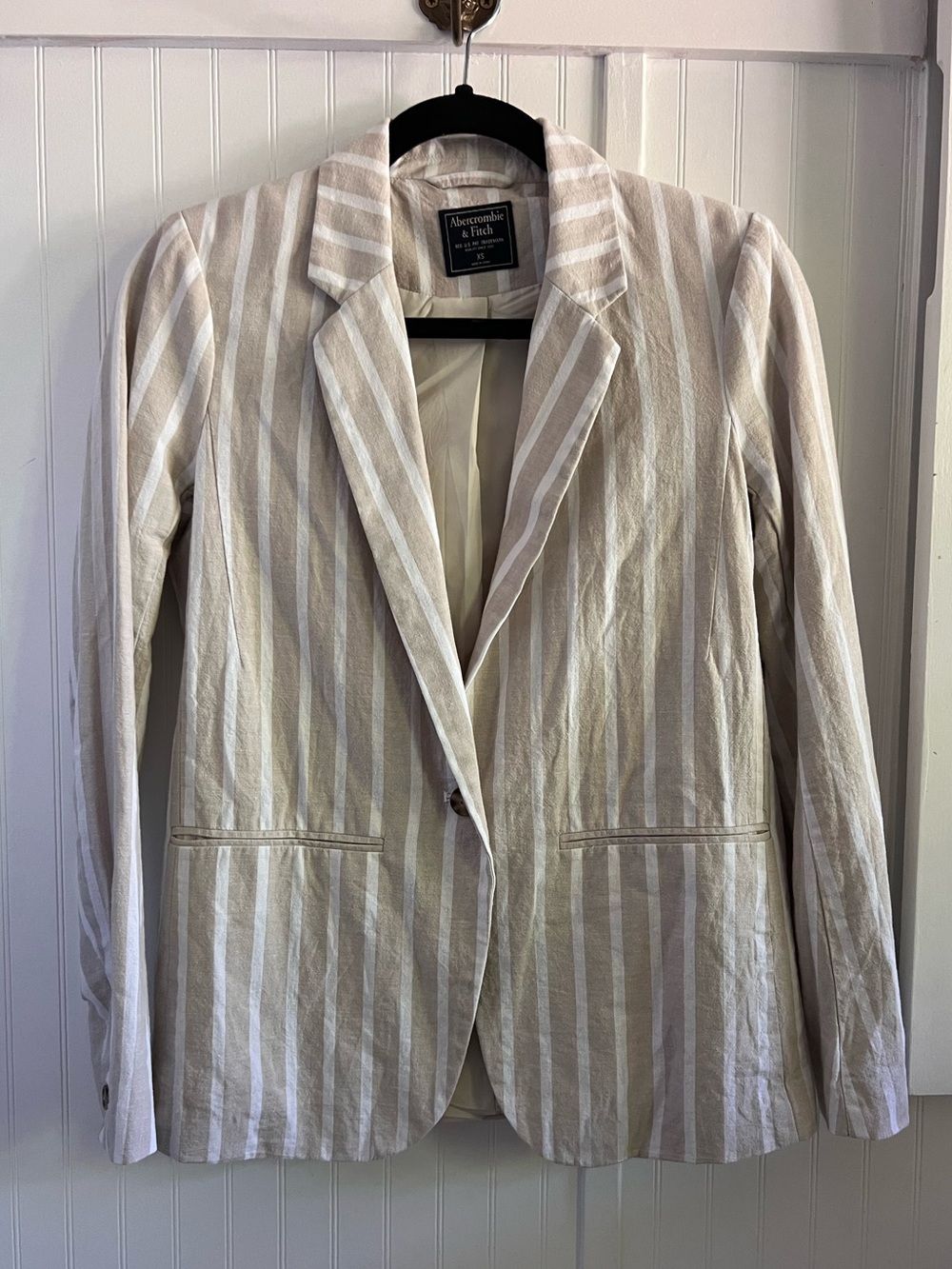 Abercrombie Womens Linen Blend Beige/White Striped Blazer Size XS
